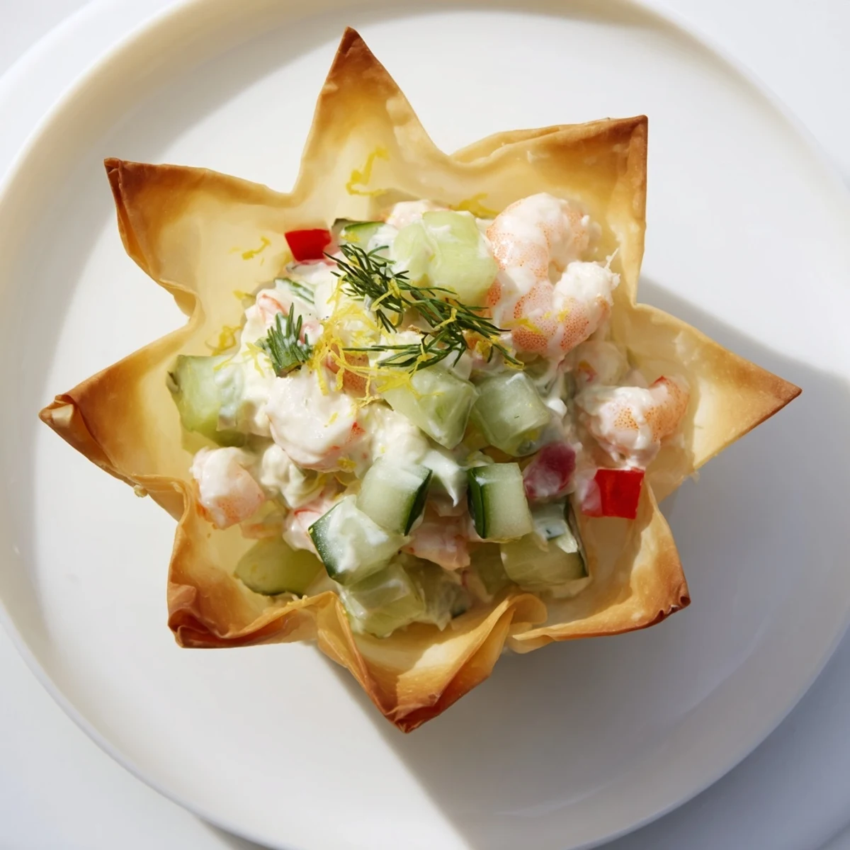 Golden Mini Star Cocktail Cups filled with savory shrimp salad, perfect party appetizer bites.