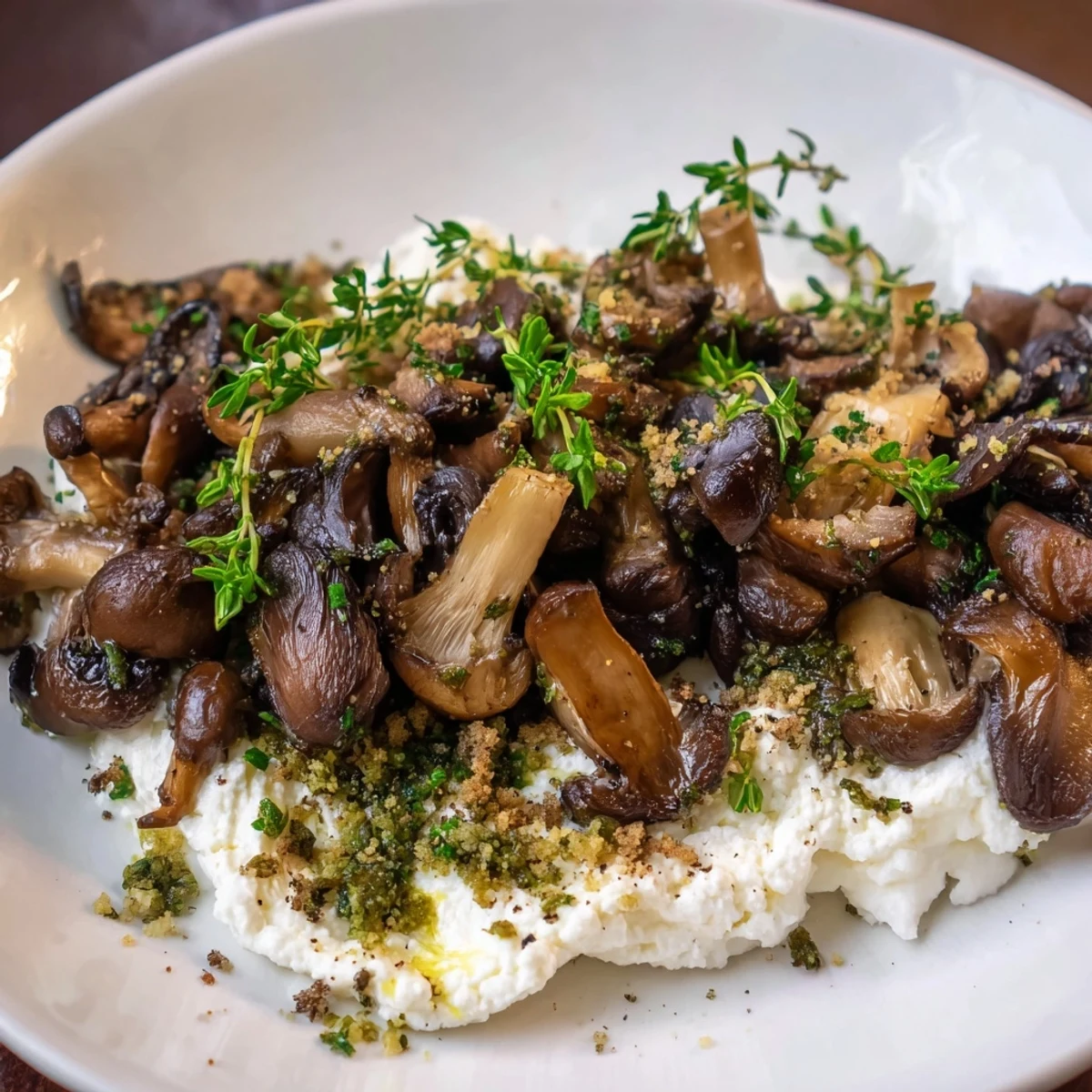 Mushroom and Moss Savory Platter with golden sautéed mushrooms, creamy goat cheese, arugula and more.