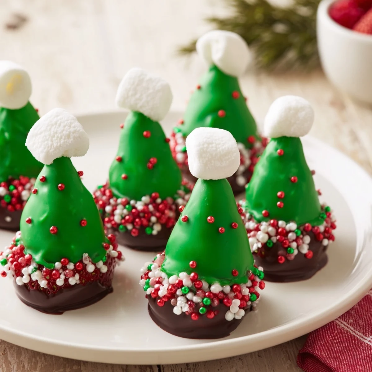 Delicious close-up of Elf Hat Chocolate Dipped Strawberries, a festive, melt-in-your-mouth Christmas dessert.