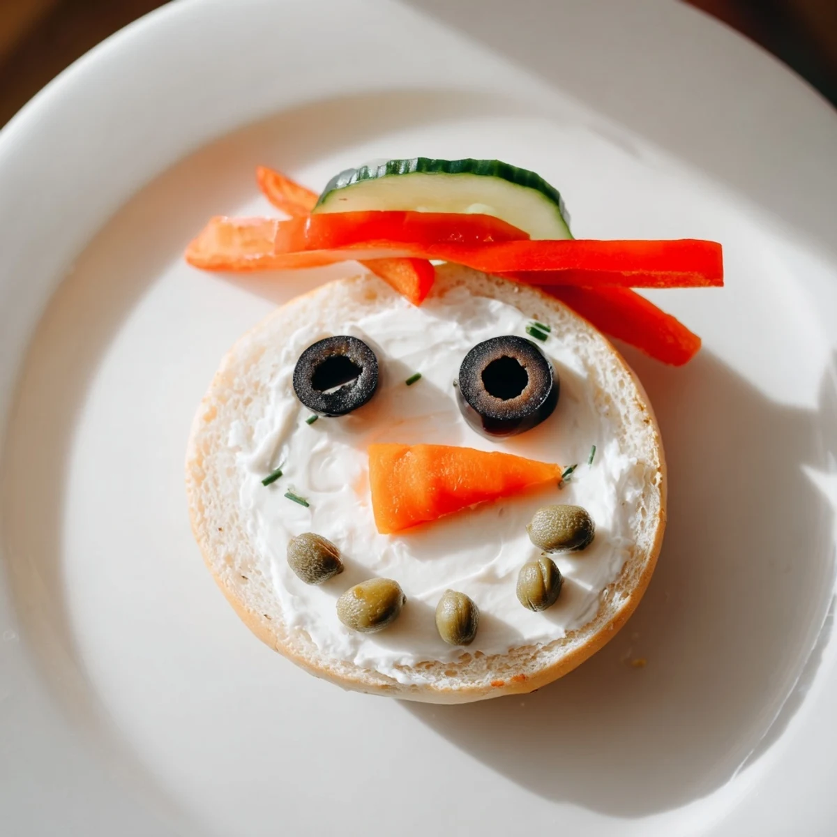 Festive snowman mini bagel sandwiches with black olive eyes and carrot noses, ready to eat.