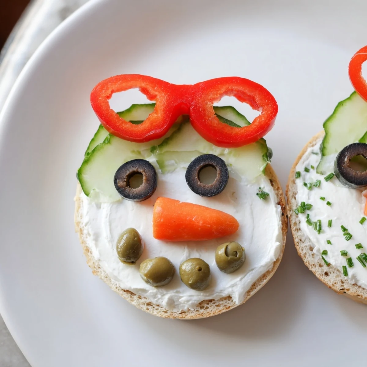 Cute and colorful snowman mini bagel sandwiches featuring cream cheese, perfect for a holiday meal.