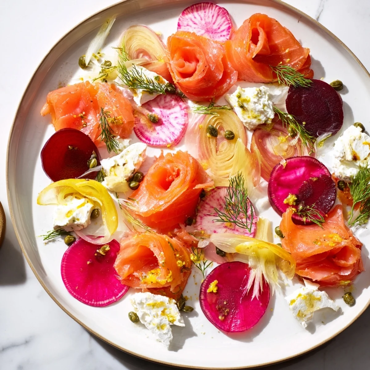 Beautifully arranged Winter Harvest Smoked Salmon Board with smoked salmon and vibrant garnishes.
