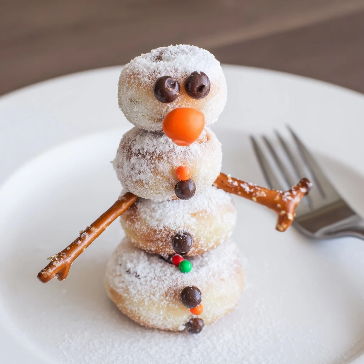 Delicious mini Donut Snowman Stack with pretzel arms and chocolate chip smiles, ready to eat.