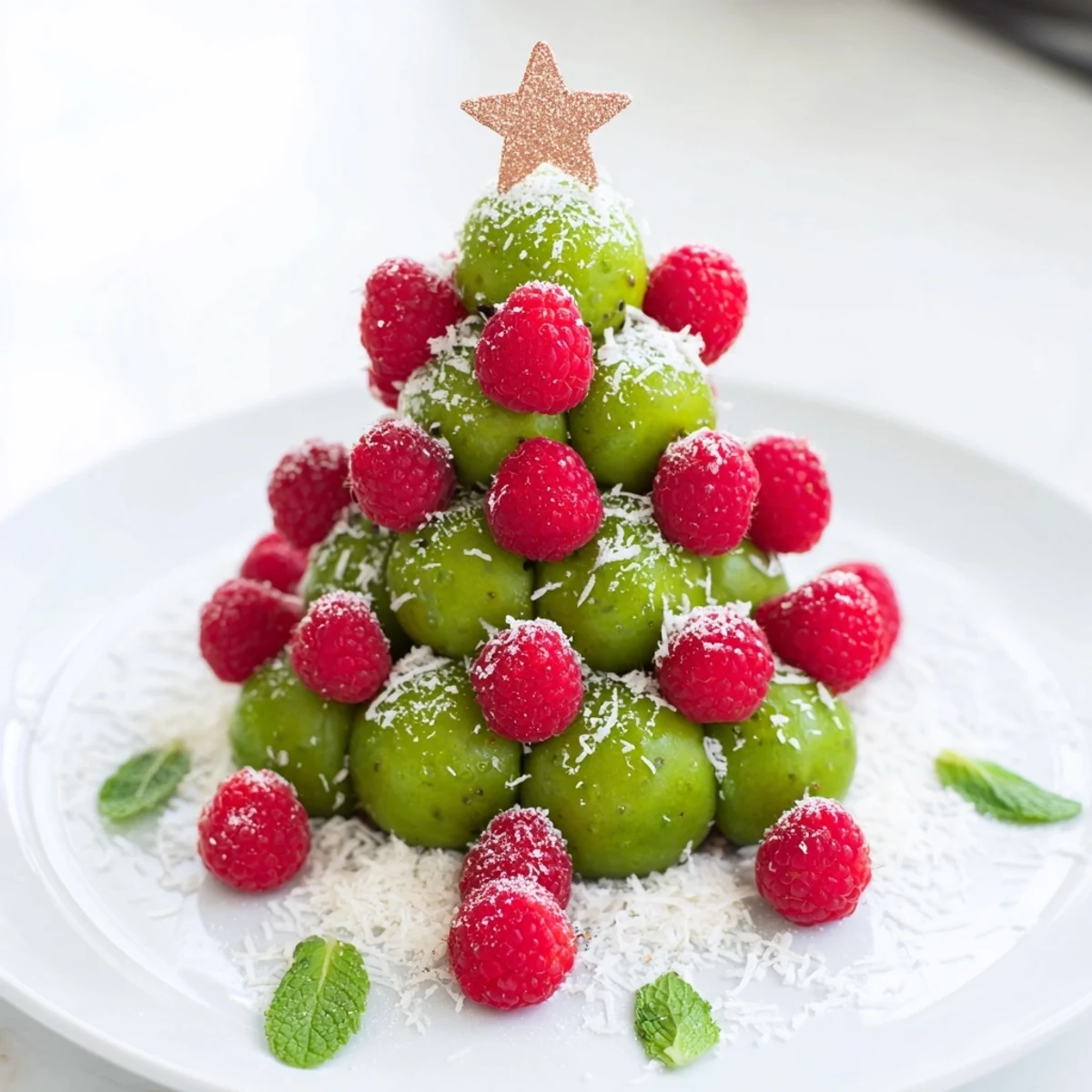 Bright green kiwi and ruby red raspberries create a beautiful Christmas fruit tree, ready to enjoy.