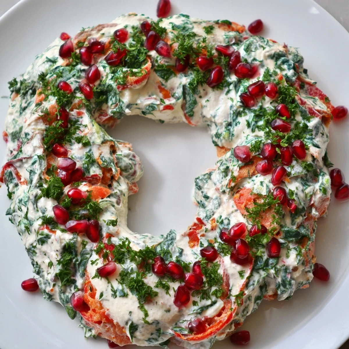 Festive red pepper and spinach dip wreath adorned with parsley and pomegranate seeds for a holiday spread.