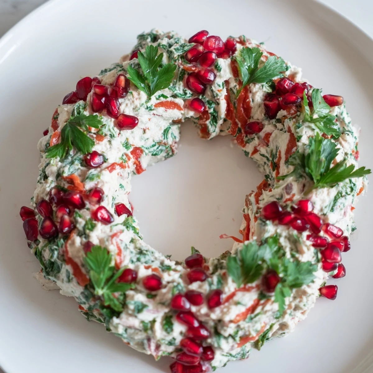 A beautifully arranged red pepper and spinach dip wreath ready to be served with crackers.