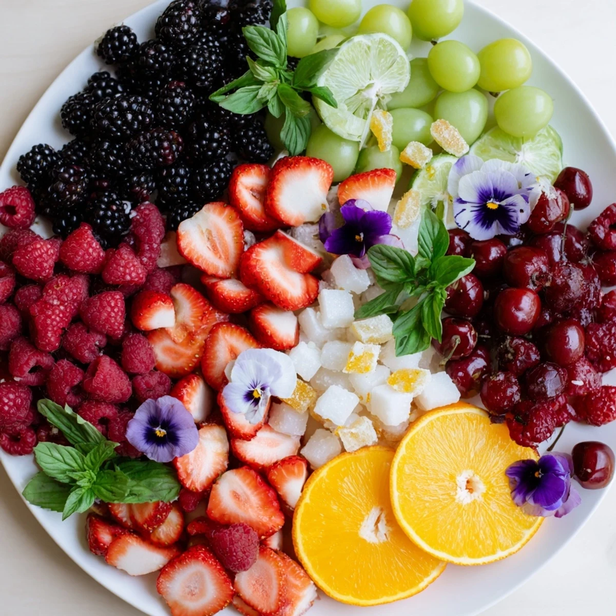 Ein köstliches Bubbly Bar Garnish Platter-Arrangement: Beeren, Zitrusfrüchte und frische Kräuter für einen festlichen Anlass.