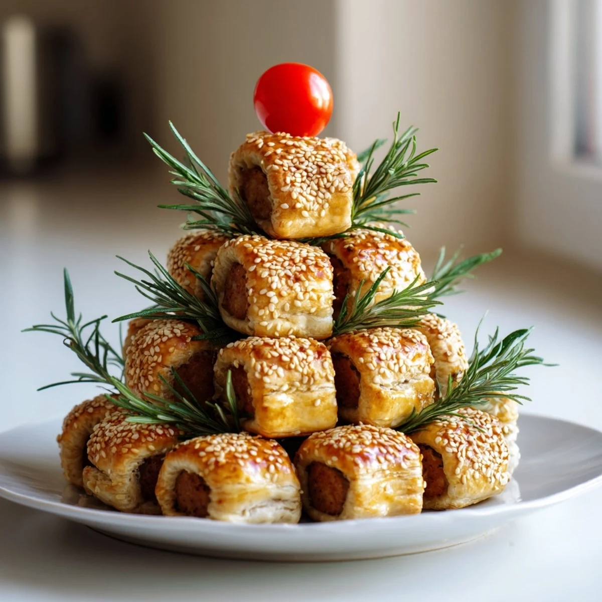 Flaky, golden Savory Bites: Mini Sausage Roll Christmas Tree, a delicious holiday appetizer ready to enjoy.