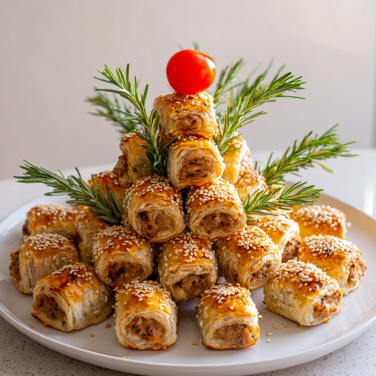 Close-up of baked Savory Bites: Mini Sausage Roll Christmas Tree, arranged as a beautiful, festive Christmas tree.