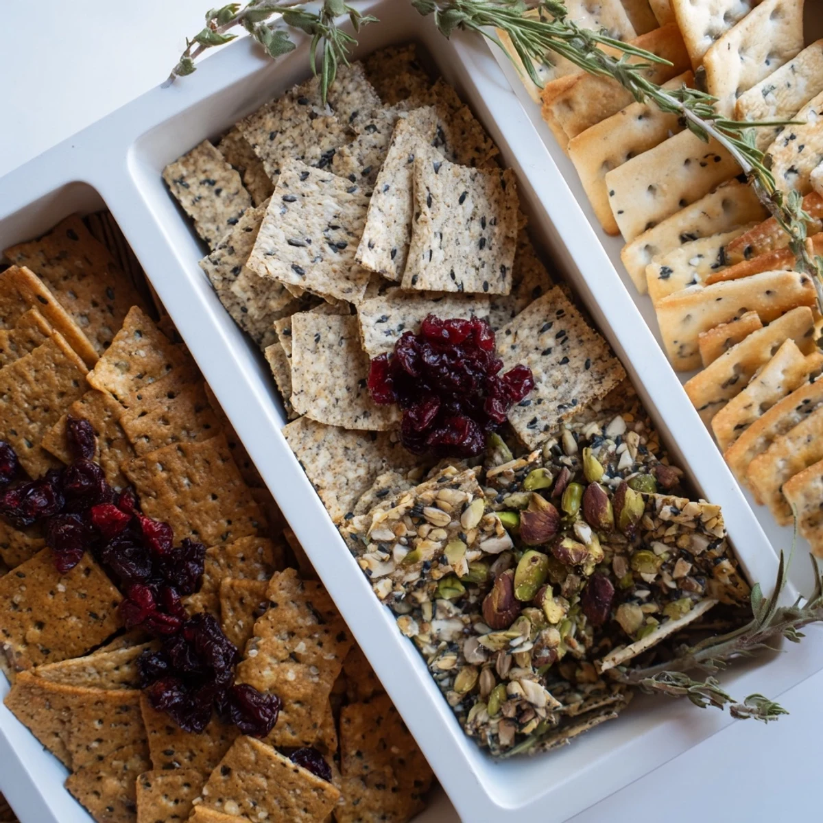 Festive Holiday Crackers arranged on a platter, ready to be enjoyed with cheese and dips for a snack.