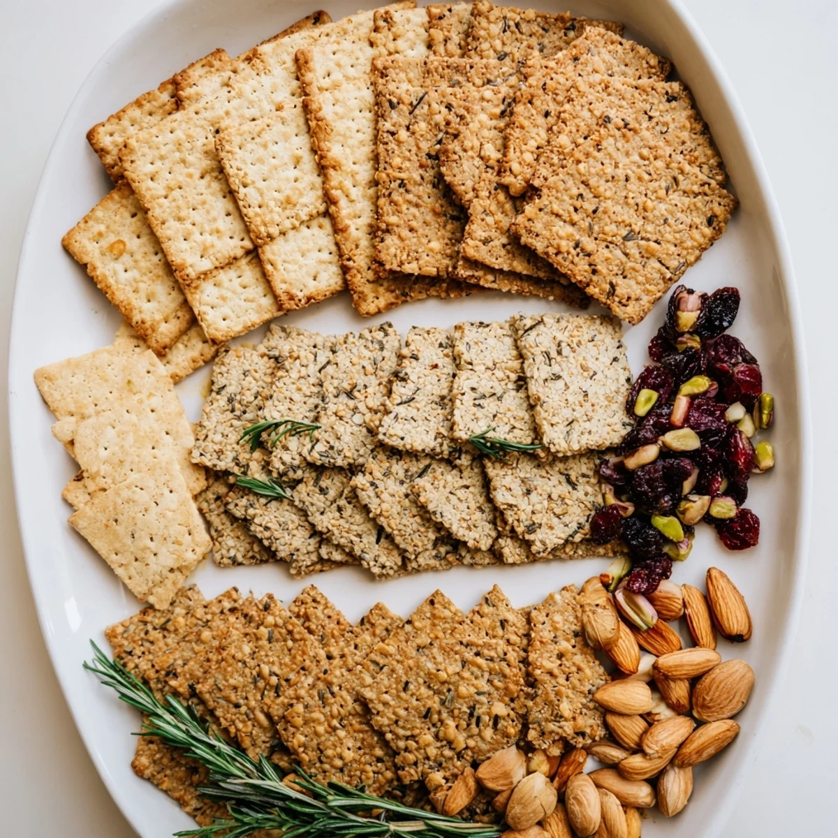 A colorful assortment of Holiday Crackers, including whole-wheat and rosemary, is perfect for a party.