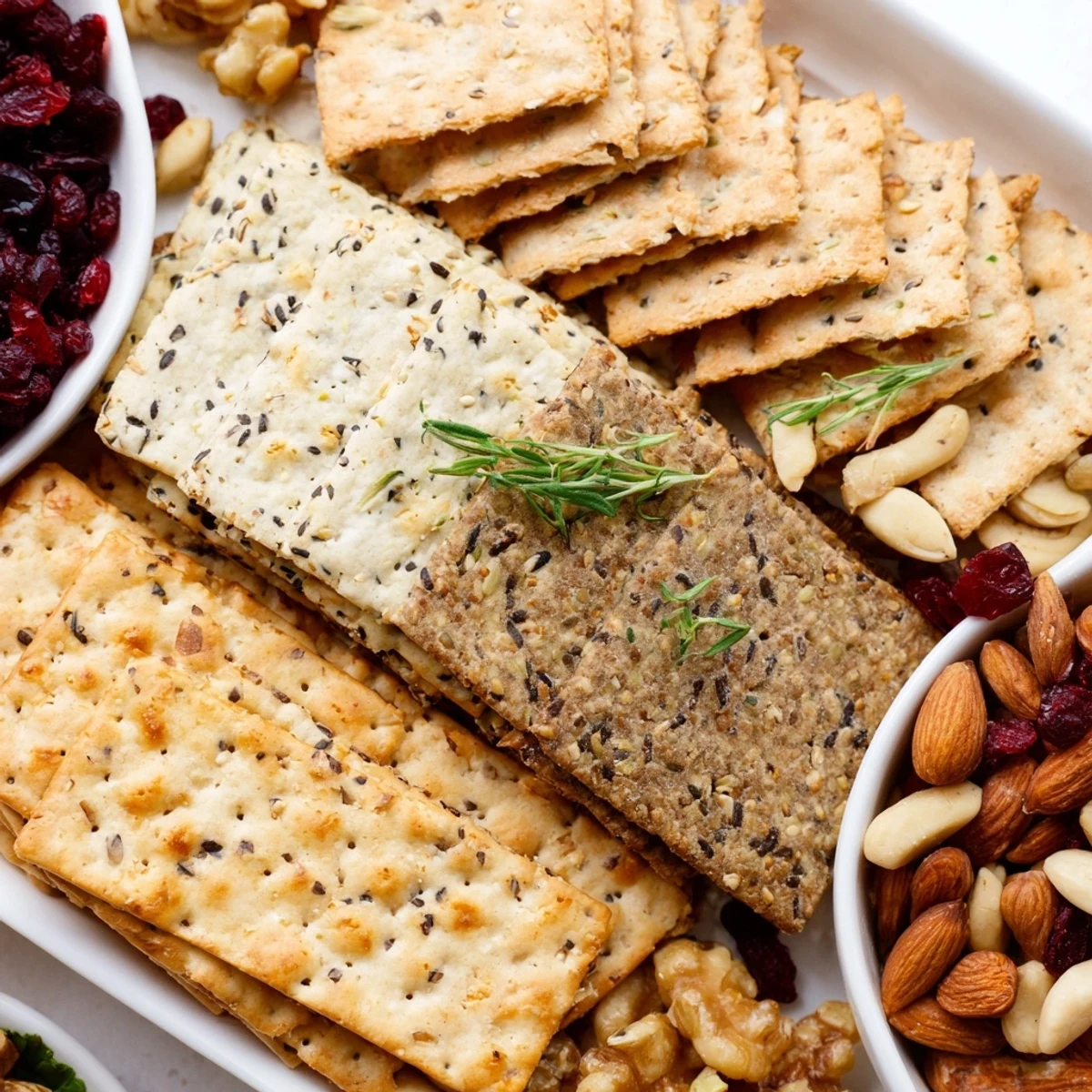 Close-up of carefully arranged Holiday Crackers, offering a variety of flavors for any taste.