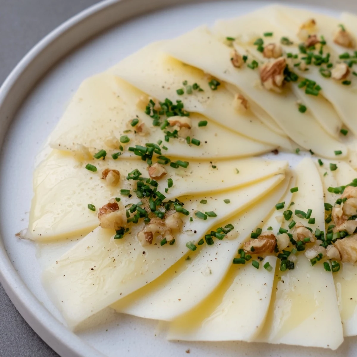 Elegant appetizer photo: A fan of Swiss cheese slices, ready to be enjoyed with chives and optional walnuts.