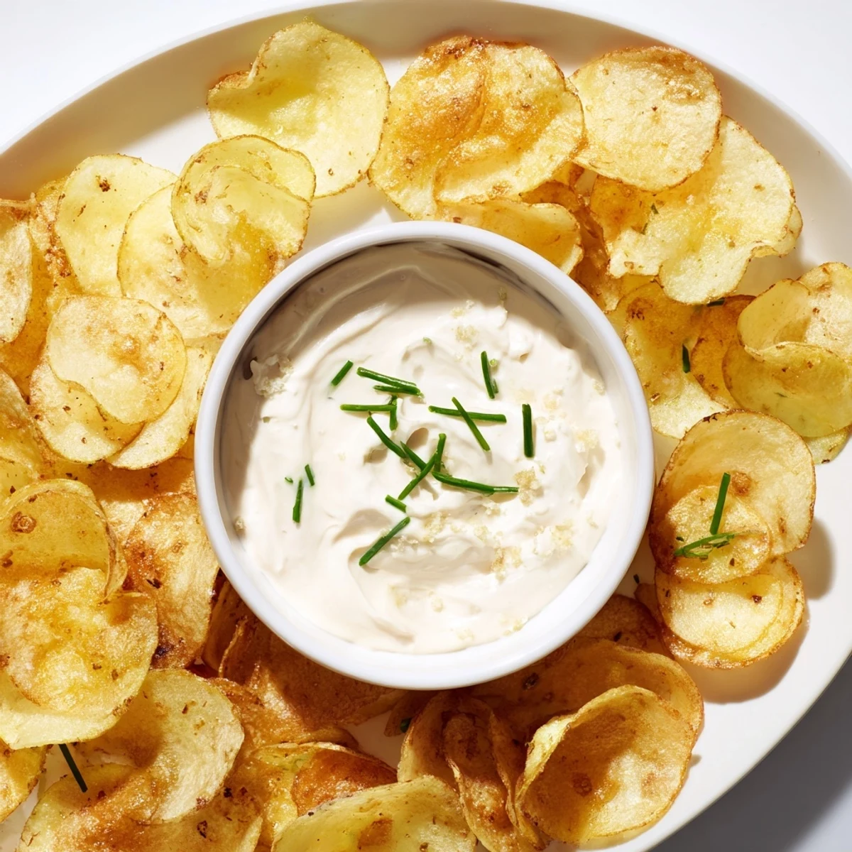 Crispy potato chips alongside a creamy onion dip, perfect for a flavorful snack.