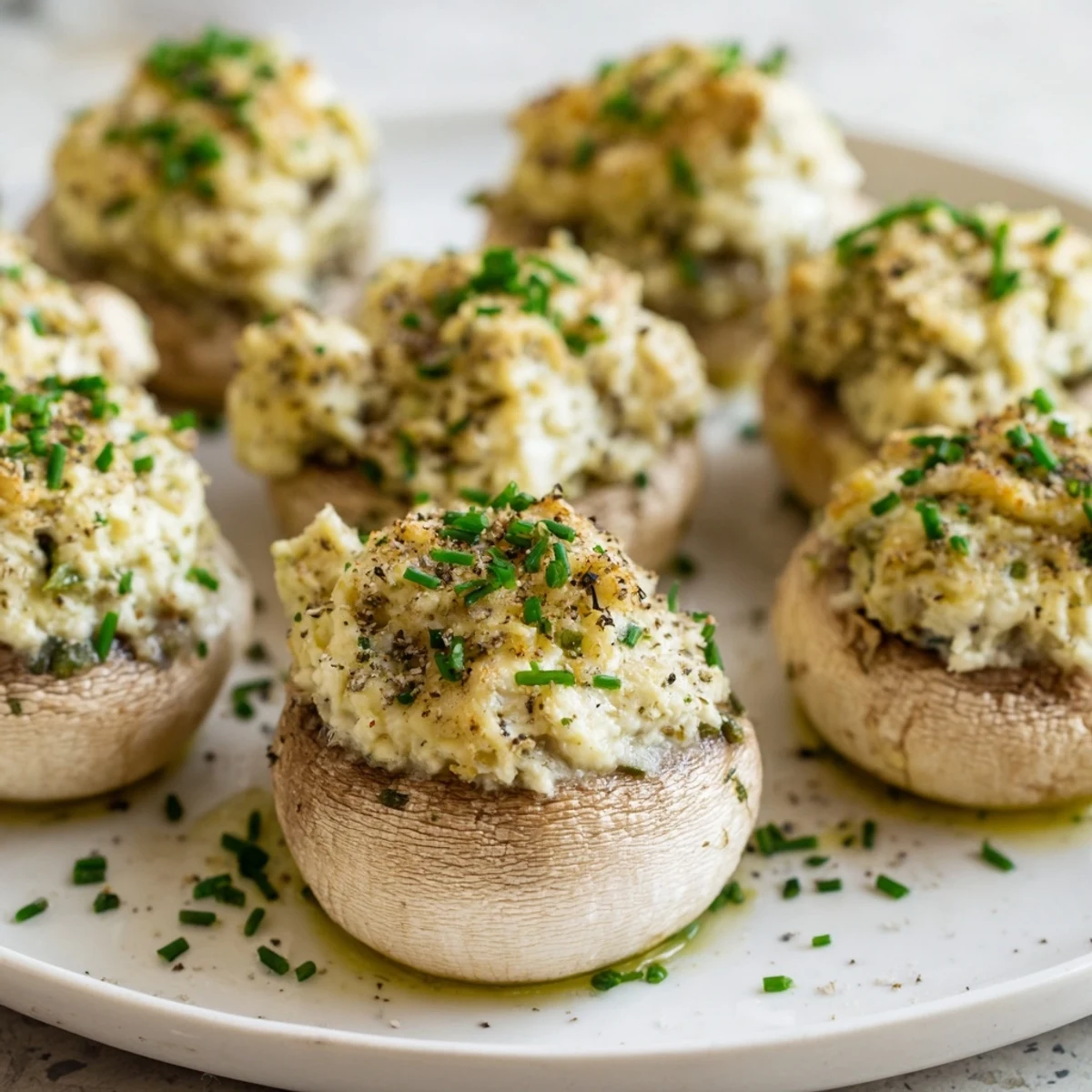 Savory Stuffed Mushroom Caps in a Ring, baked golden and arranged in a beautiful, delicious appetizer for sharing.