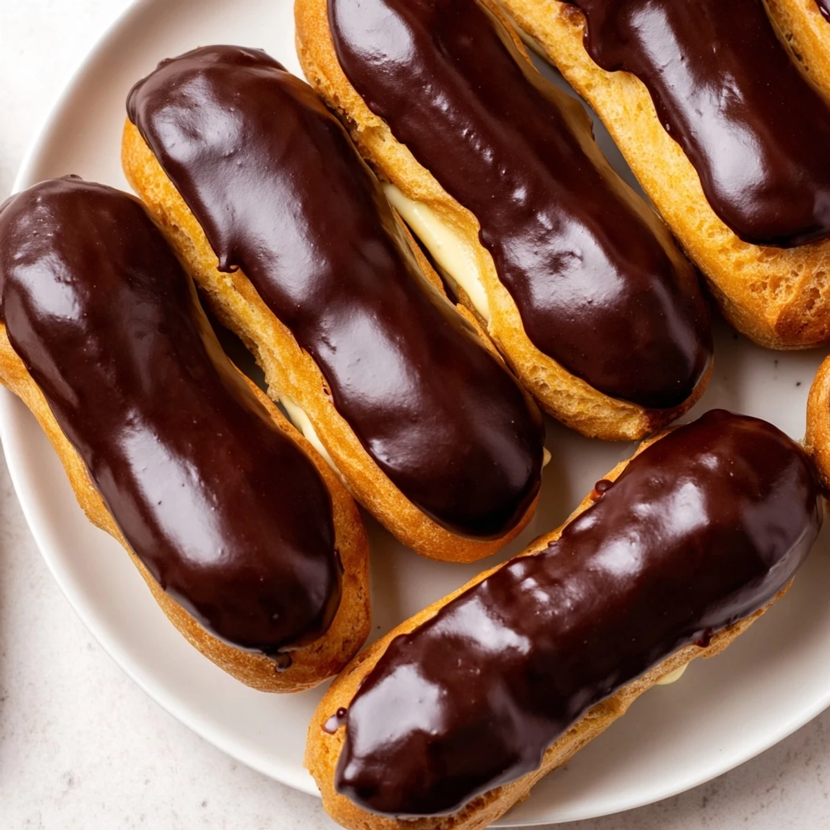 Mini Chocolate Éclairs: Rows of golden-brown pastry topped with rich, glossy chocolate.