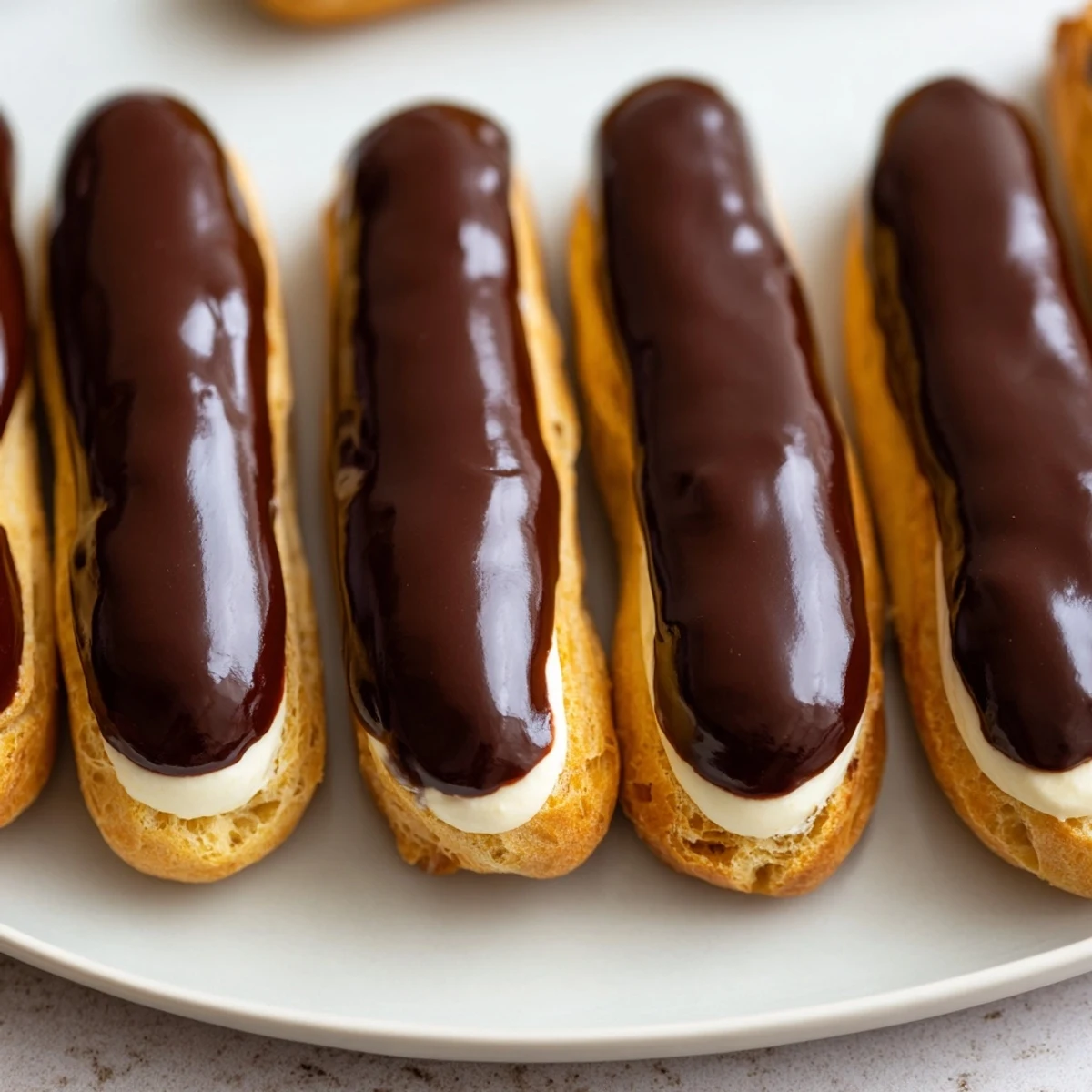Freshly glazed mini chocolate éclairs arranged on a platter, ready to be enjoyed.
