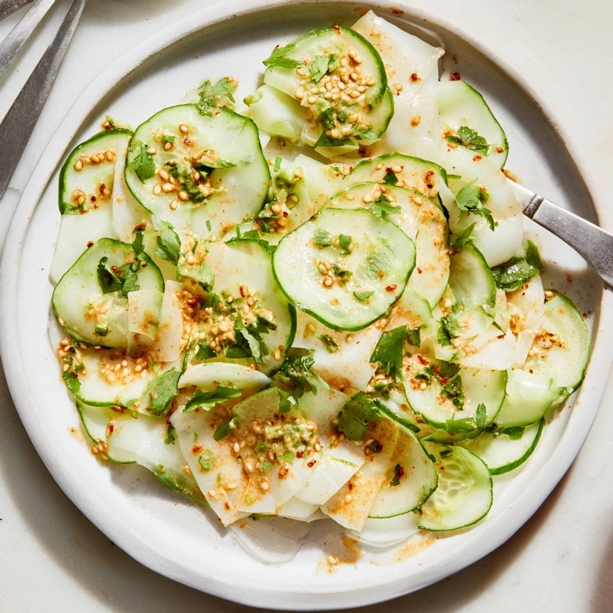 Crisp, layered jicama and cucumber slice stack, drizzled with zesty lime-chili dressing for serving.
