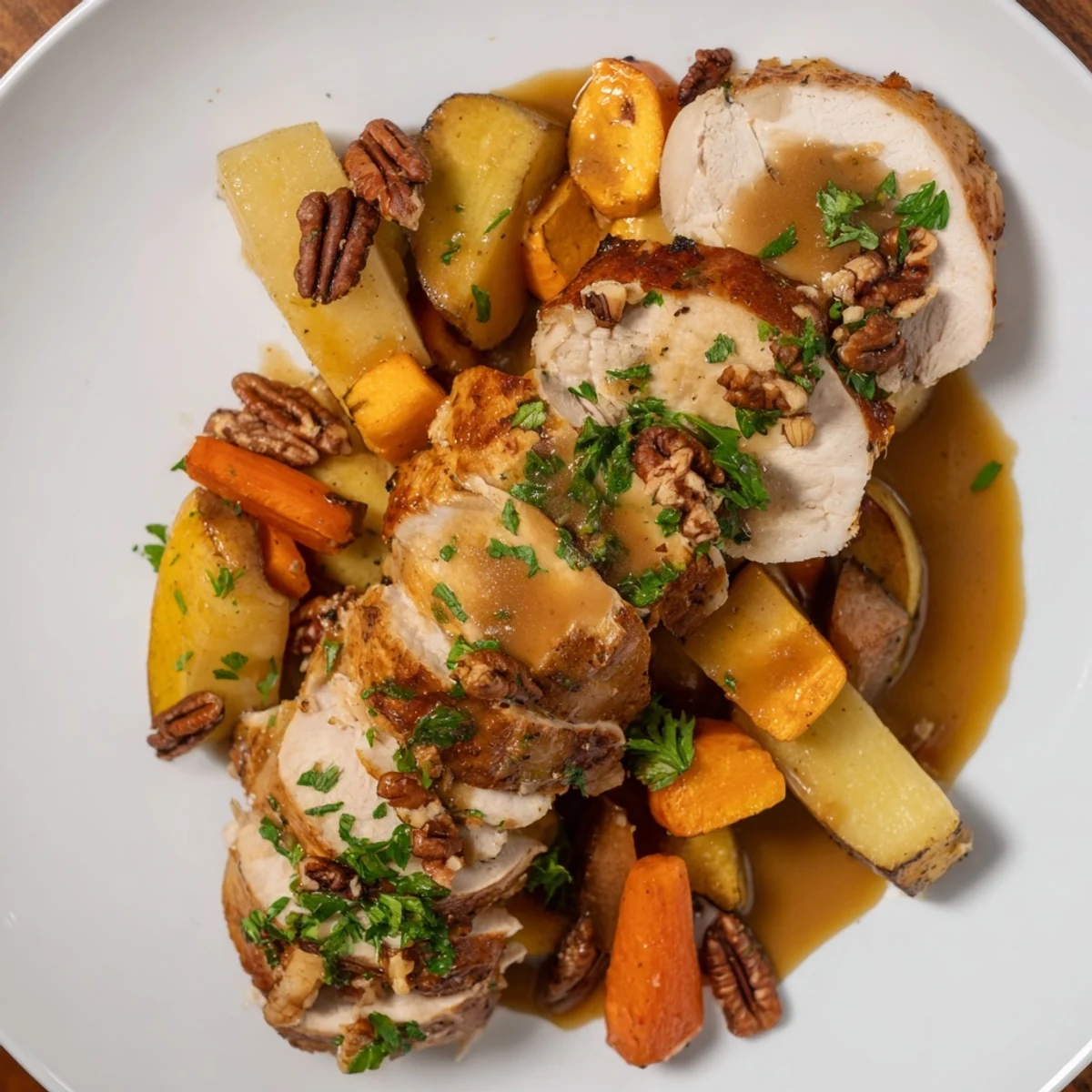 Golden-brown slices of tasty "Chains of the Mayflower" turkey nestled with roasted root vegetables.