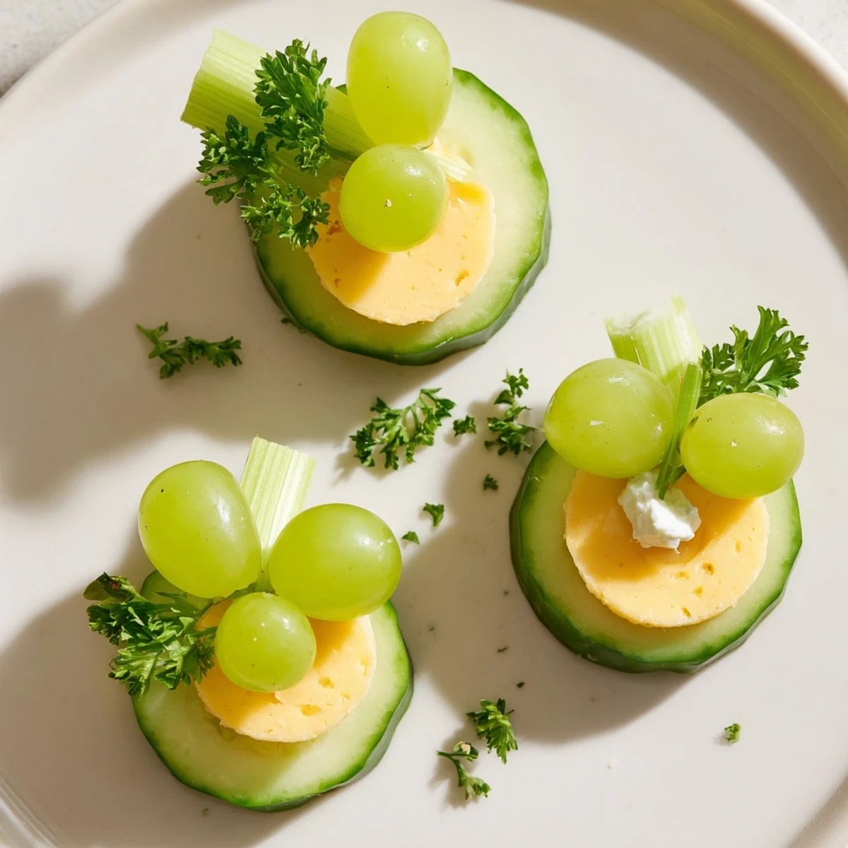 Cucumber and cheese create a visually appealing four-leaf clover snack, perfect for St. Patrick's Day fun.