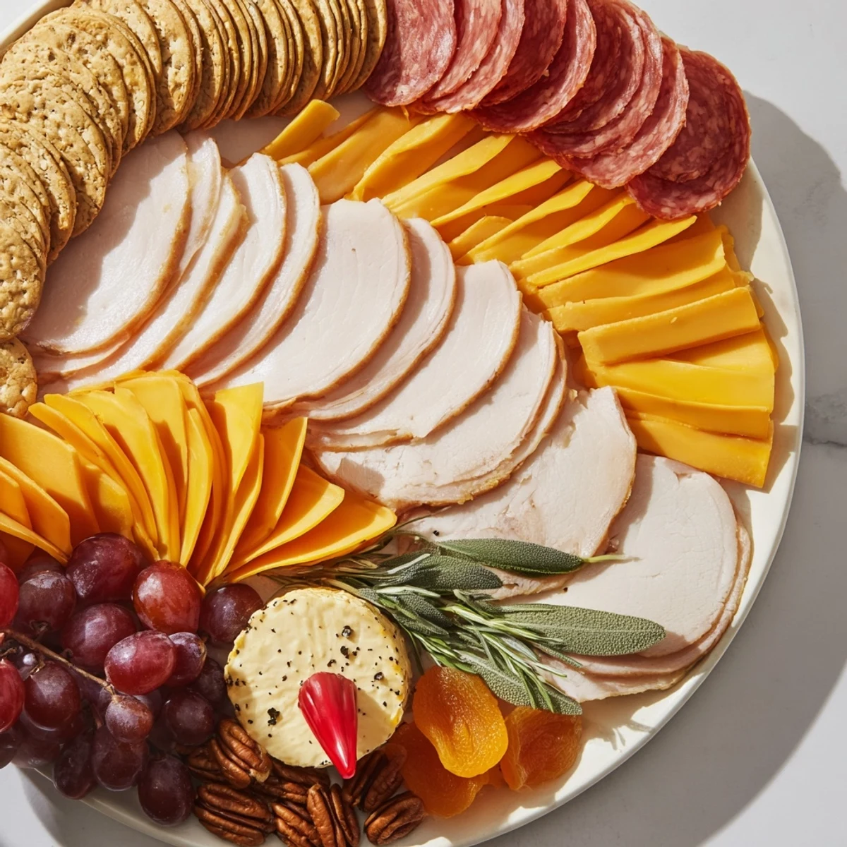 A visually stunning The Turkey Tail Fan charcuterie board with colorful meats and cheese.