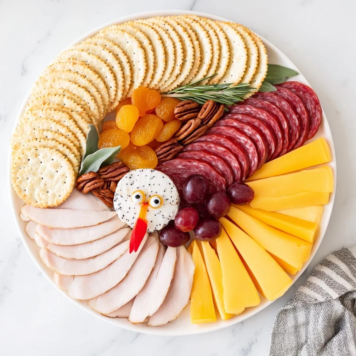 Thanksgiving appetizer: beautifully arranged The Turkey Tail Fan featuring meats, cheeses, crackers, and grapes.
