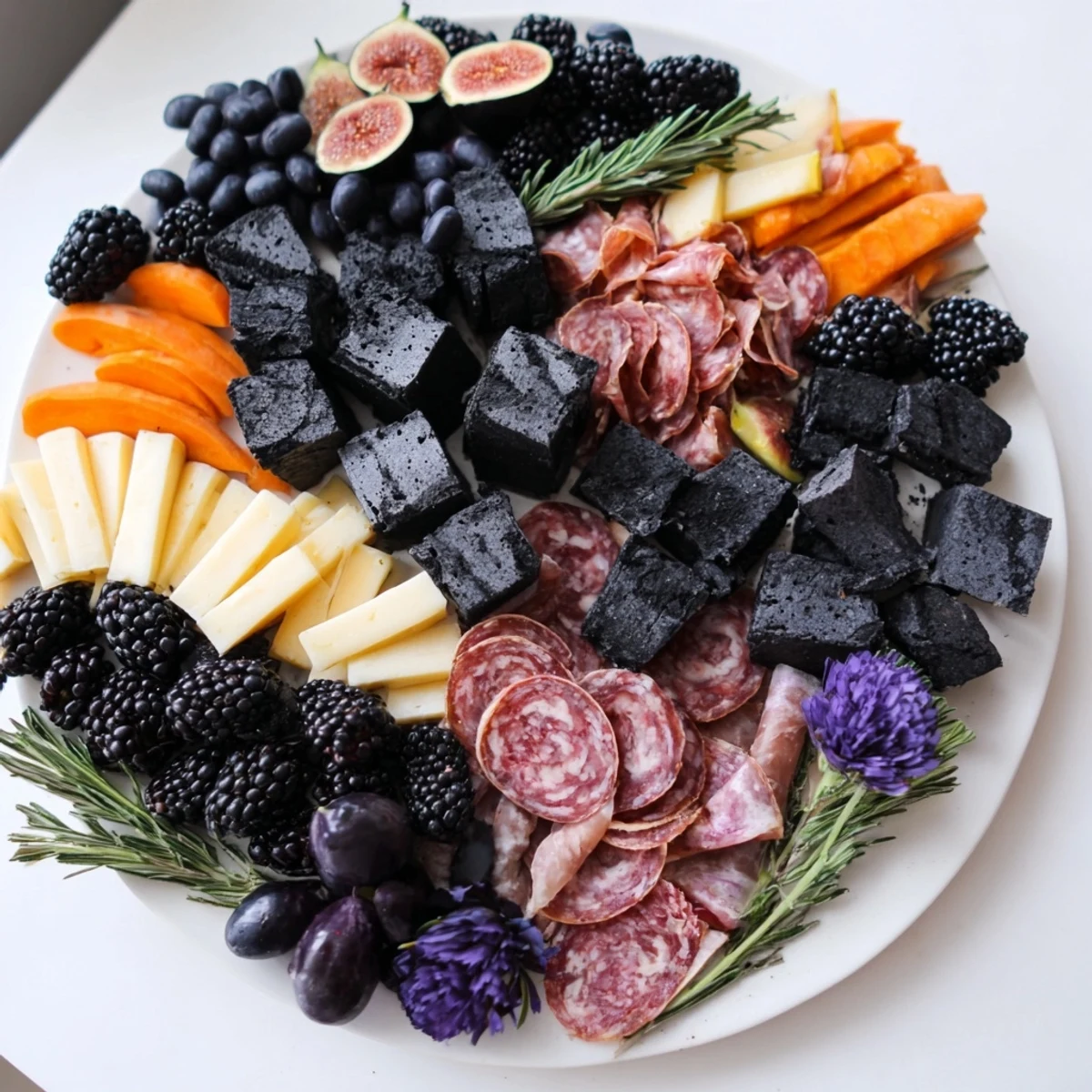 A spooky The Ghostly Outline Halloween Charcuterie Board platter filled with dark cheeses and fruits.