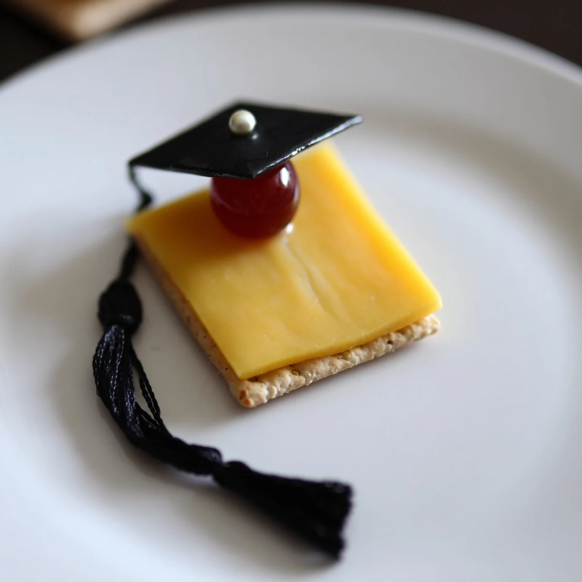 Close-up of a perfectly assembled Graduation Cap Snack, cheese squares and dried fruit tassels, perfect party appetizer.