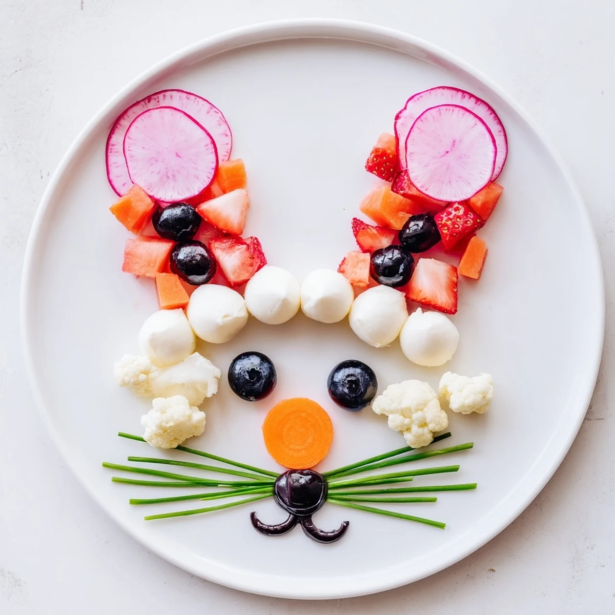 Easter-themed The Bunny Silhouette appetizer, featuring a playful design of fresh pink fruits and vegetables for spring.
