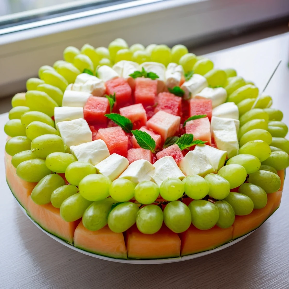 Vivid Summer Watermelon Slice appetizer with juicy red watermelon, fresh fruit, and cheese center.