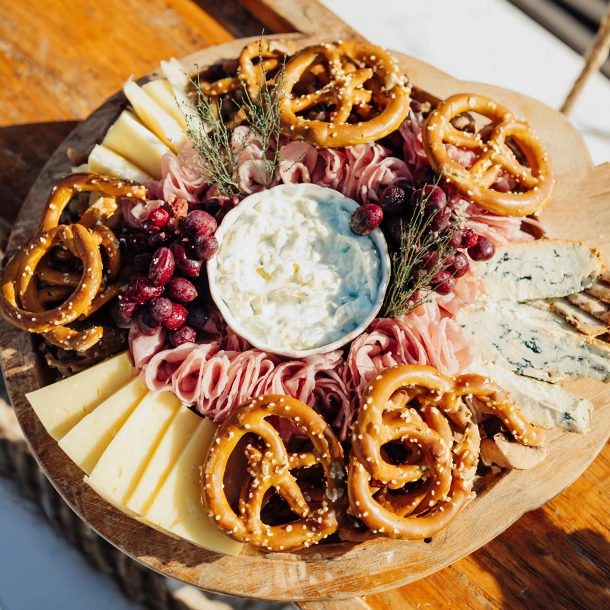 A visually captivating Anchor Maritime Board with blue cheese, pretzels, and fresh coastal flair.