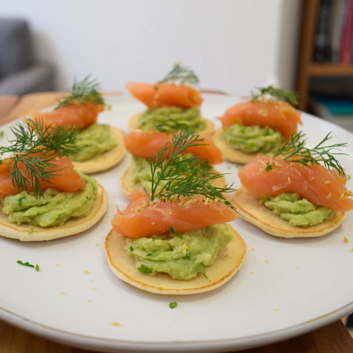 Golden-brown quark blinis with smoked salmon, an avocado cream, and zesty lemon zest arranged beautifully.