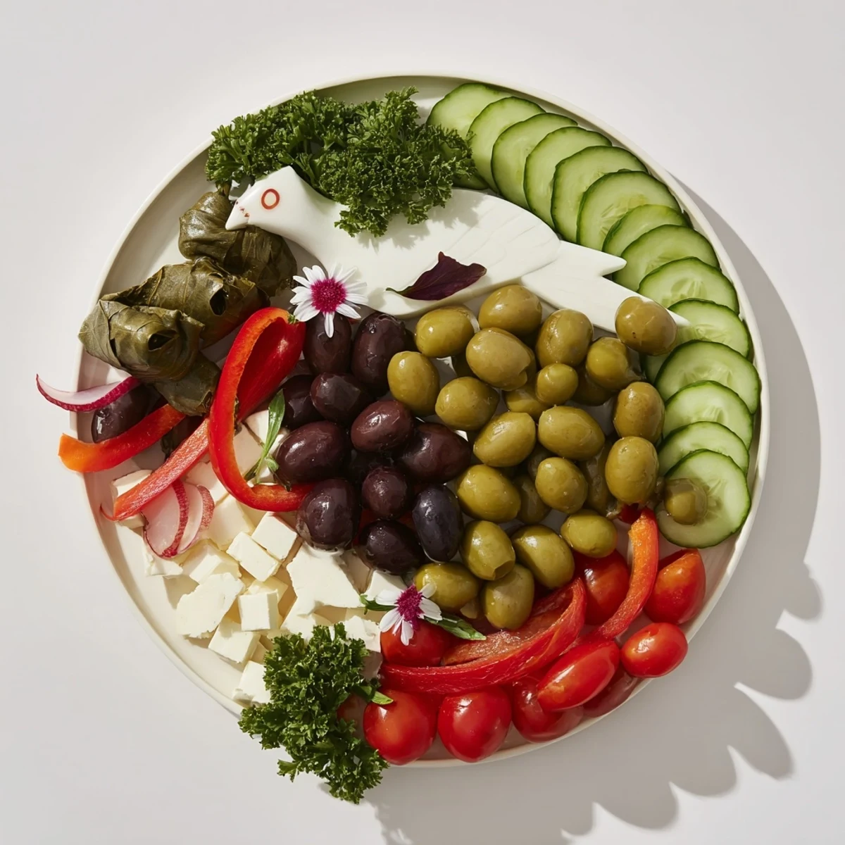 Colombe de la Paix Olive Platter arranged like a dove, featuring olives, cheeses, and fresh vegetables.
