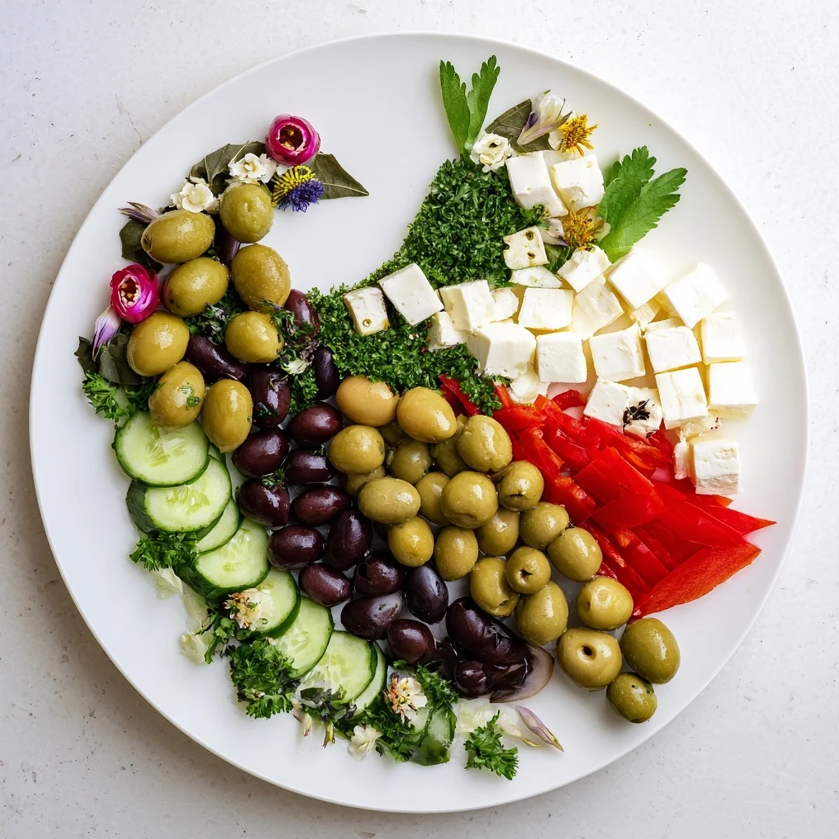 This Colombe de la Paix Olive Platter showcases diverse olives and cheeses with a vibrant bell pepper.