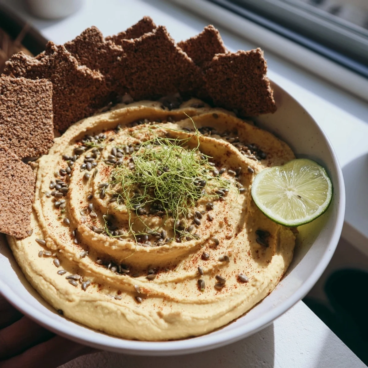 The Sandstone Canyon appetizer, showing creamy hummus layered with crisp beige crackers, ready to serve.