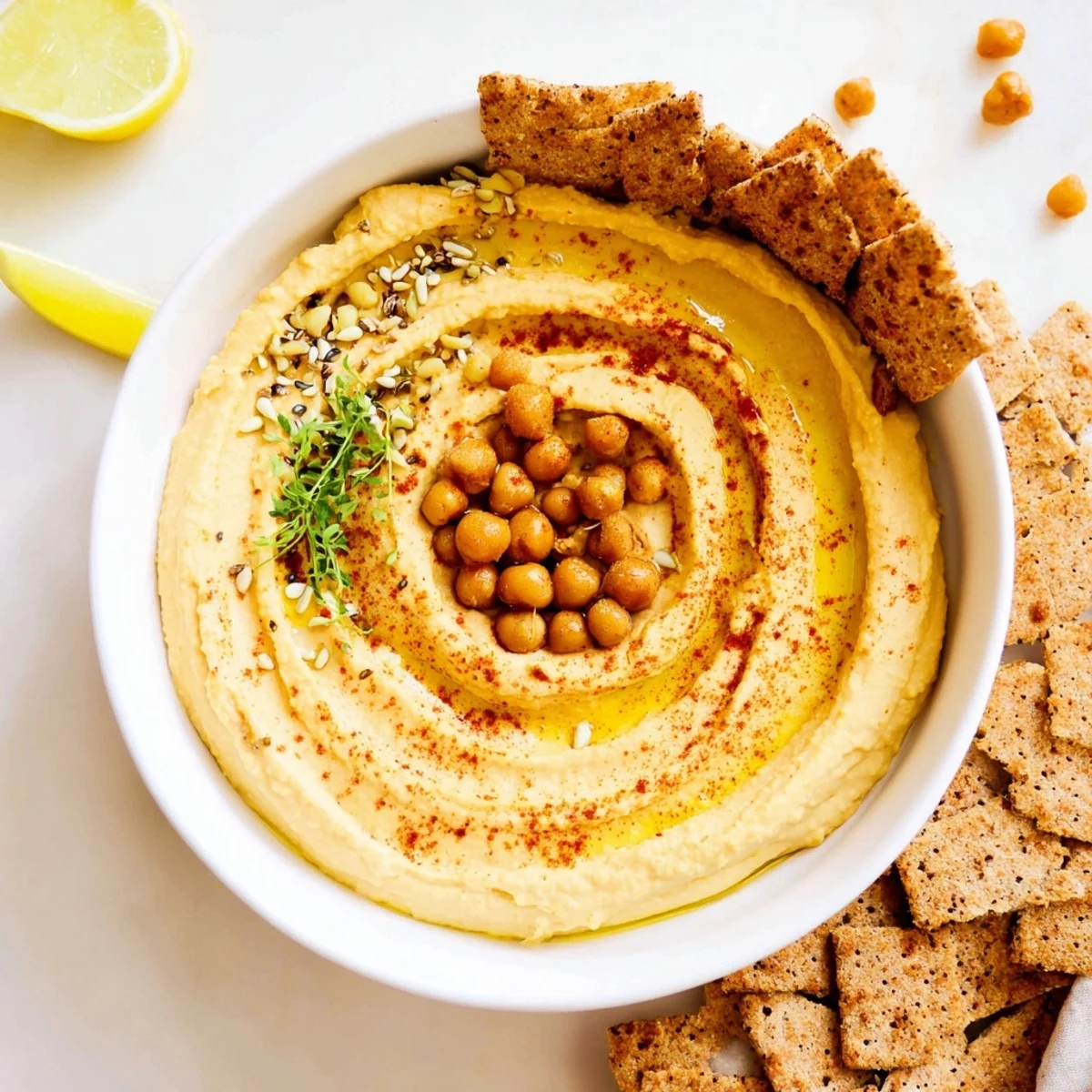 Beautifully arranged Sandstone Canyon made of hummus and crackers, a perfect Mediterranean-inspired appetizer.