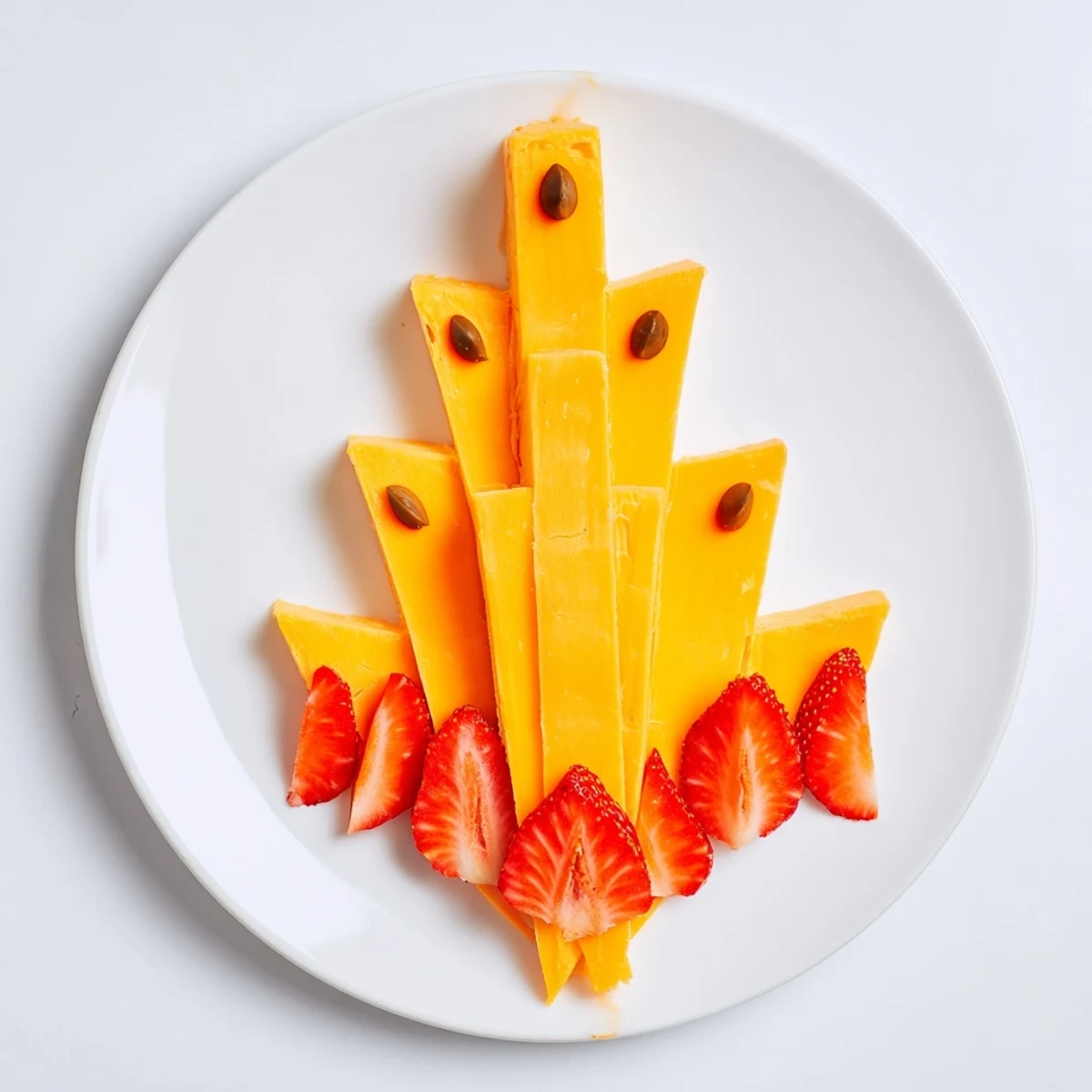 Colorful Retro Rocket appetizer: sharp cheddar cheese wedges and strawberry "fire" for serving.