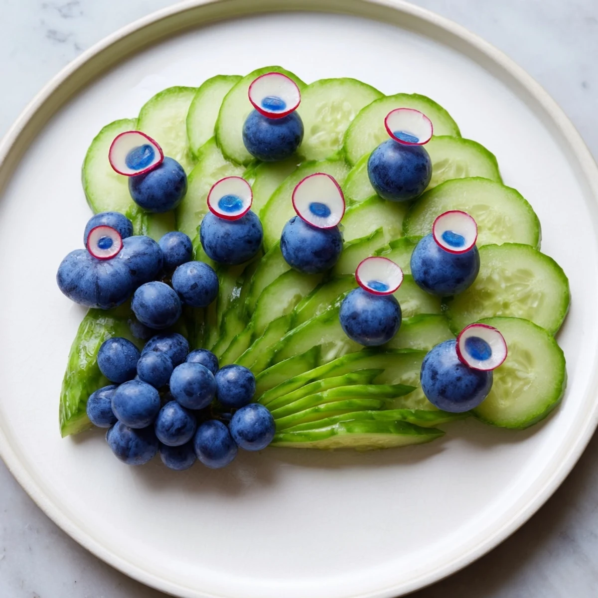 A vibrant Peacock Tail appetizer platter with crisp cucumbers and fresh grapes.