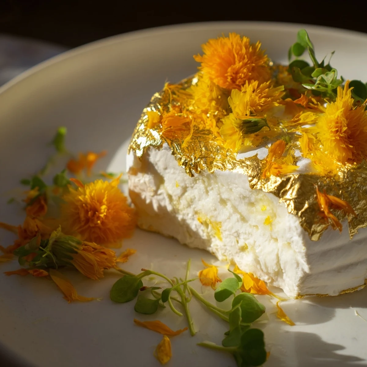 Gold-dusted goat cheese, triple cream brie, and feta compose The Gilded Lily cheese platter, ready to serve.