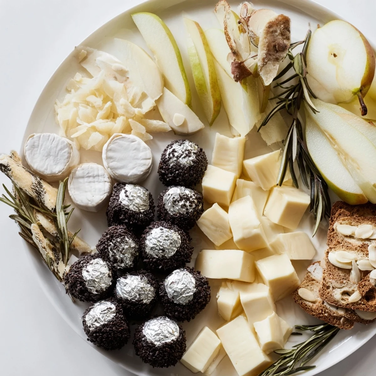A beautifully arranged Silver Screen cheese board with truffle brie and shimmering chocolates.