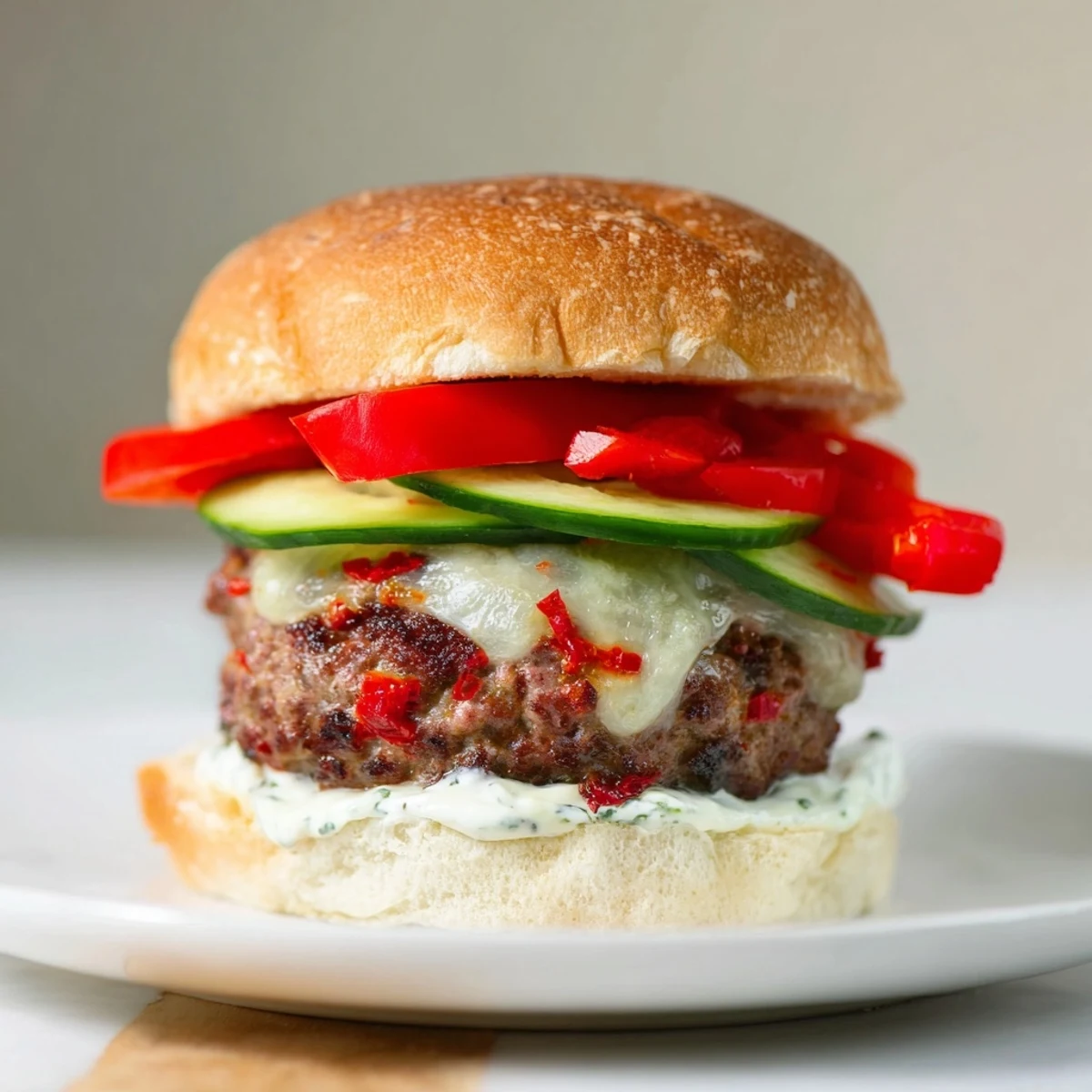 Juicy Fire & Ice Burger, spicy pepper-jack melted over a beef patty, ready to serve with refreshing dip.