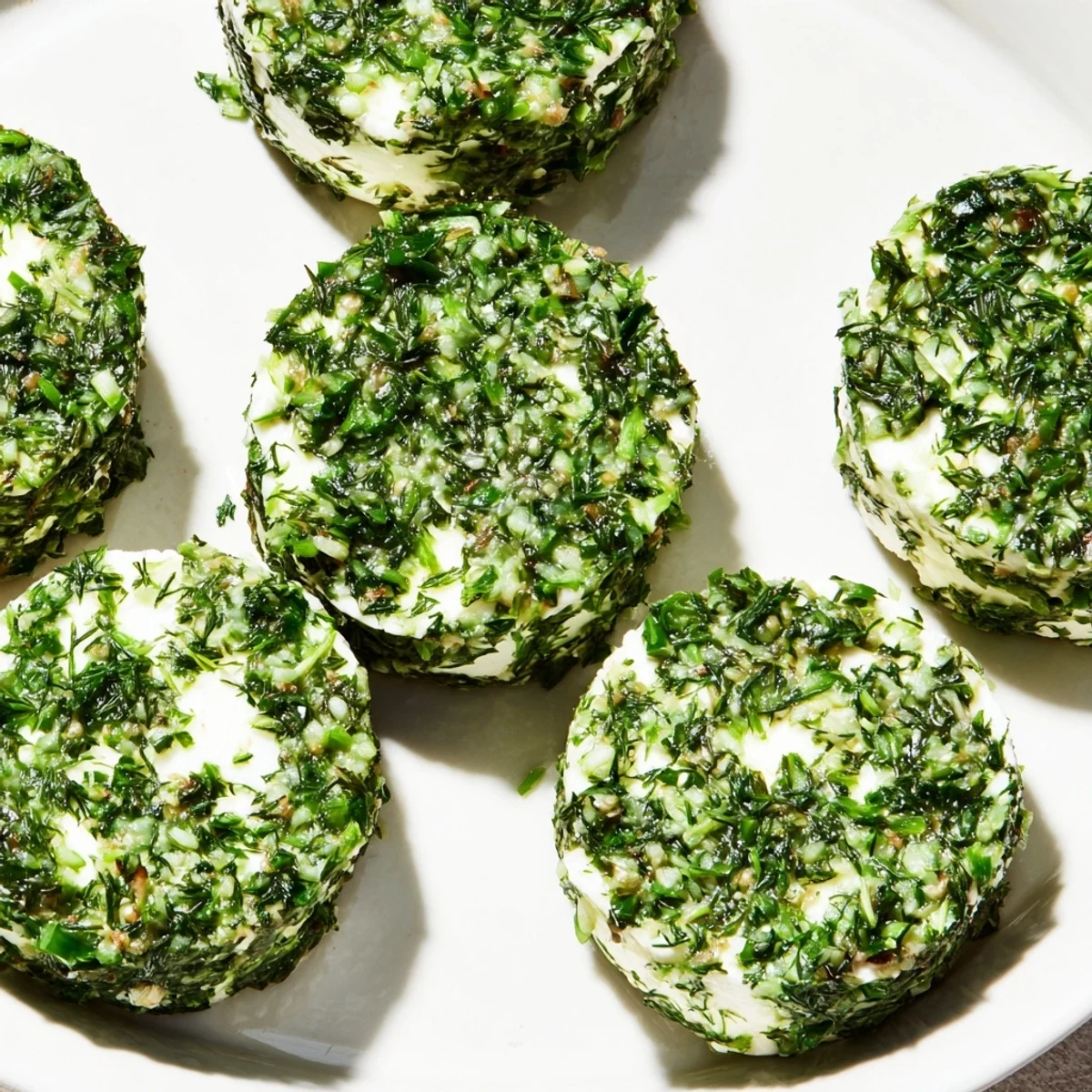 Fresh, creamy goat cheese "Mossy Stone" appetizer, rolled in herbs with a forest-like presentation.