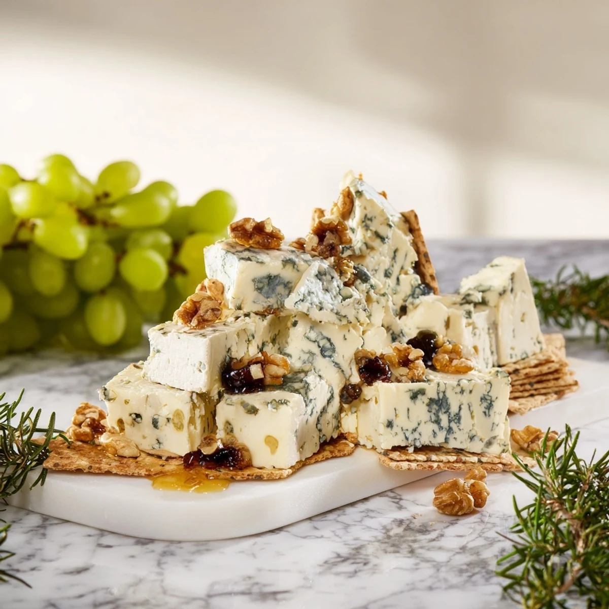 "Explore The Blue Ridge Mountains: decadent blue cheeses with honey and walnuts on a crisp cracker spread."