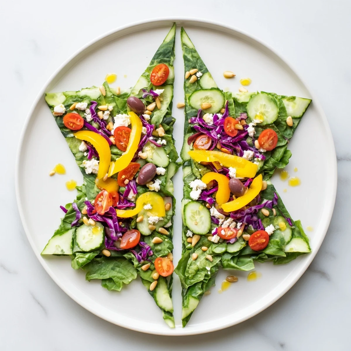 A colorful Star of David Salad Platter with fresh vegetables arranged for Hanukkah.