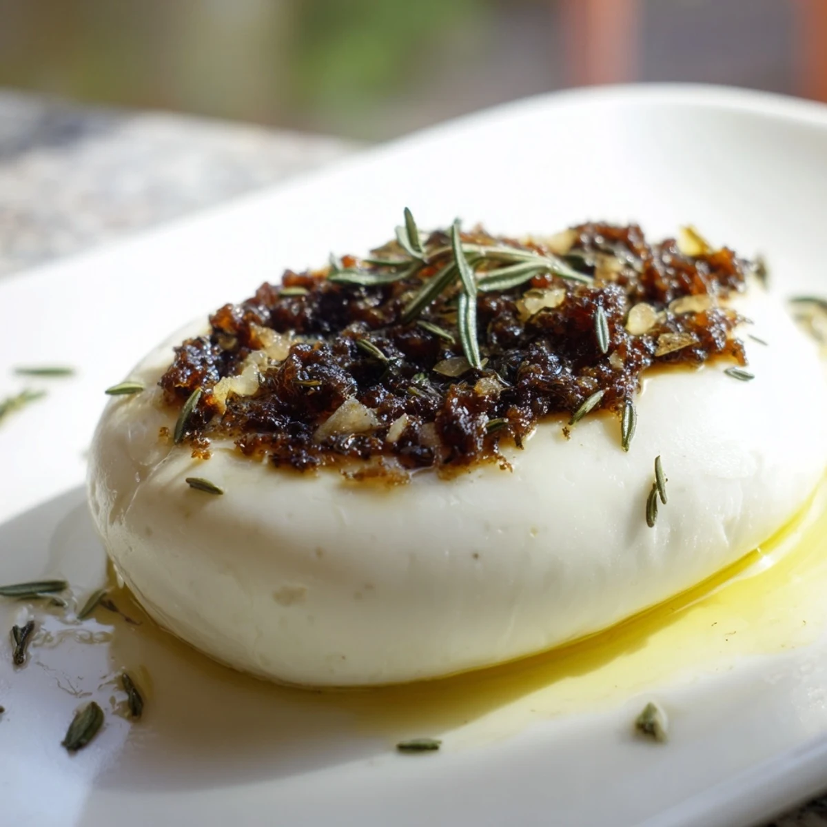 Elegant The Victorian Cameo appetizer: creamy goat cheese ovals topped with dark, flavorful olive tapenade.