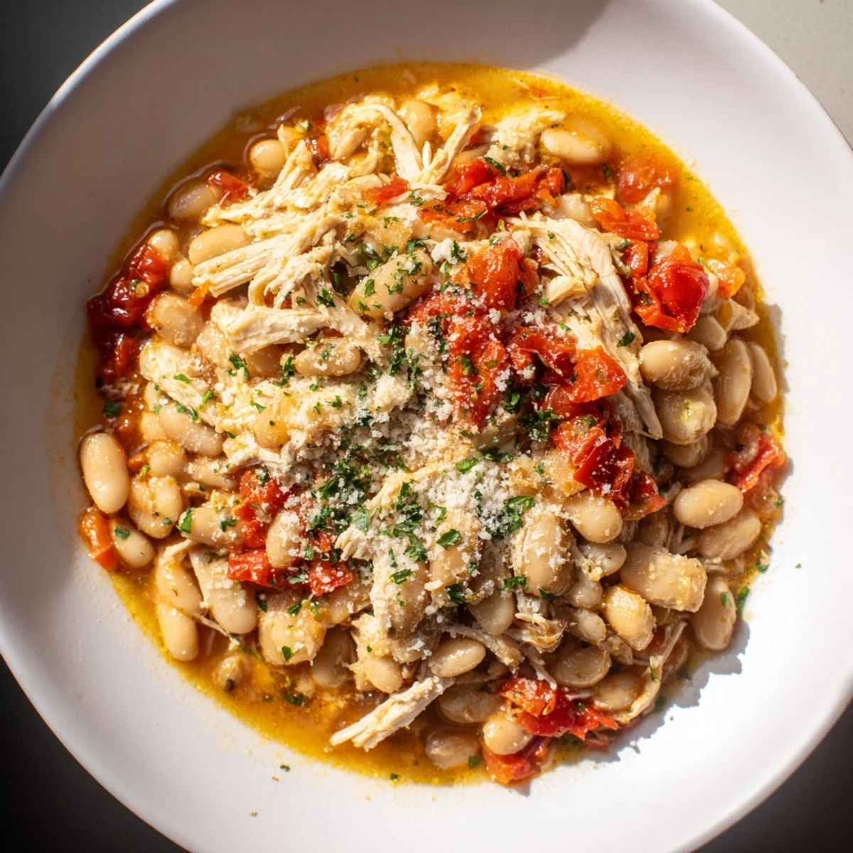 Picture a comforting bowl of White Bean and Roasted Red Pepper Chicken, rustic and flavorful.