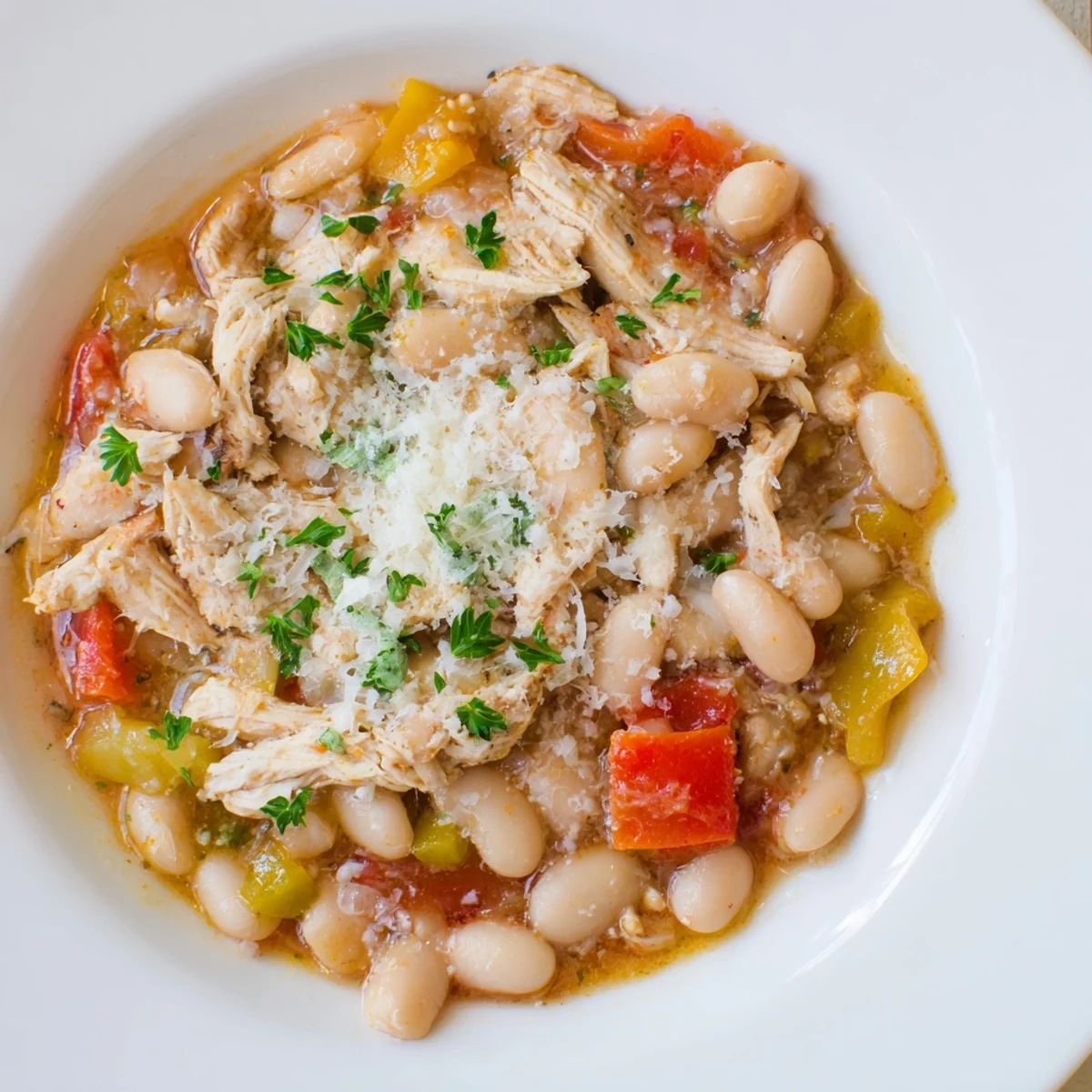 Close-up of a steaming White Bean and Roasted Red Pepper Chicken stew, perfect for chilly evenings.