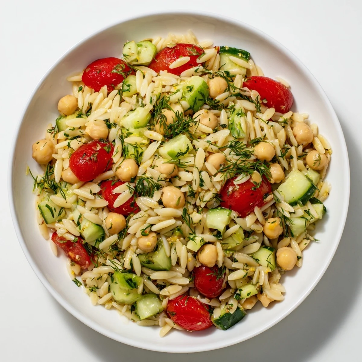 Köstlicher griechischer Zitronen-Orzo-Bohnen-Salat, serviert in einer Schüssel, bereit zum Genießen.