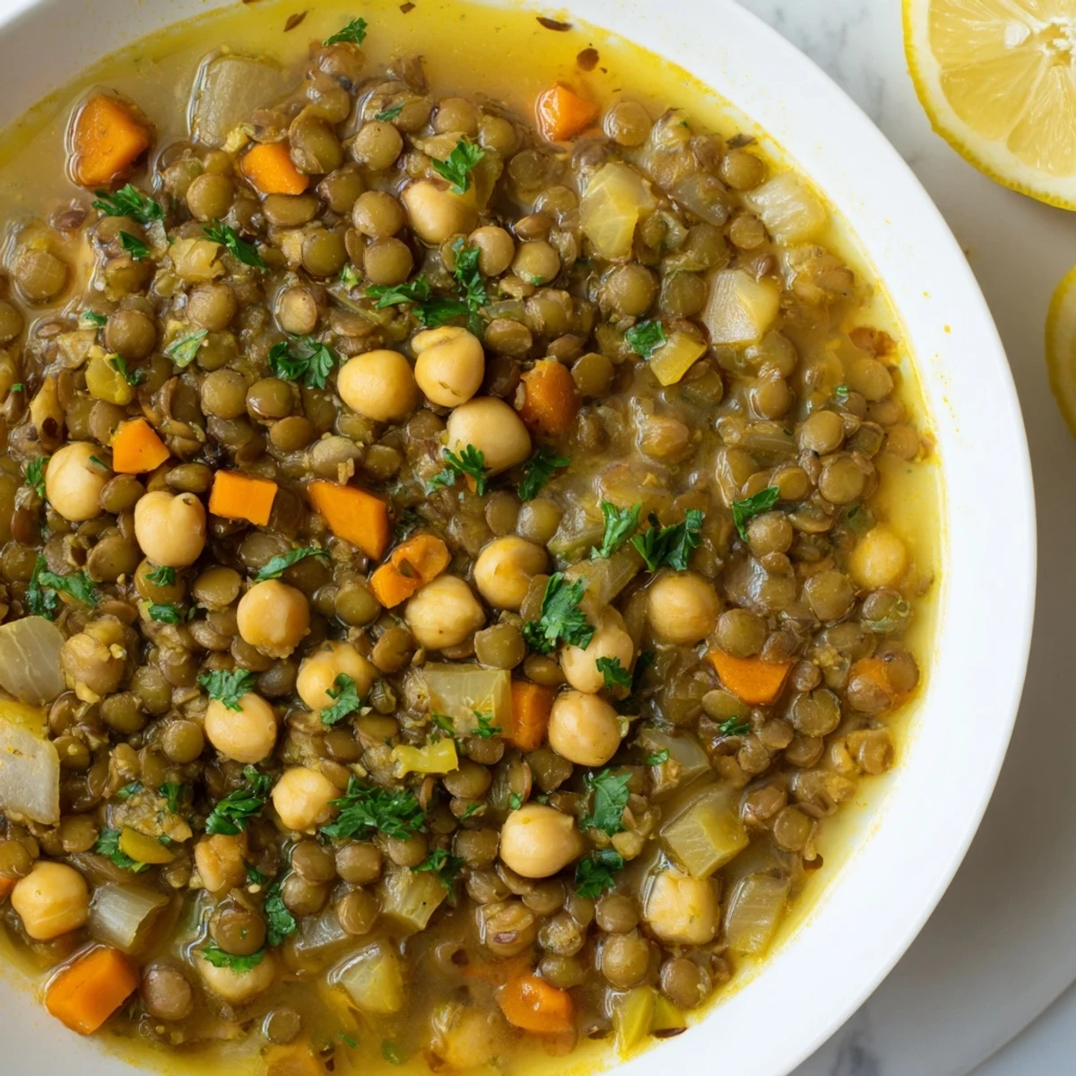 Close-up of a steaming bowl of Middle Eastern Lentil and Chickpea Stew, a hearty vegan delight.