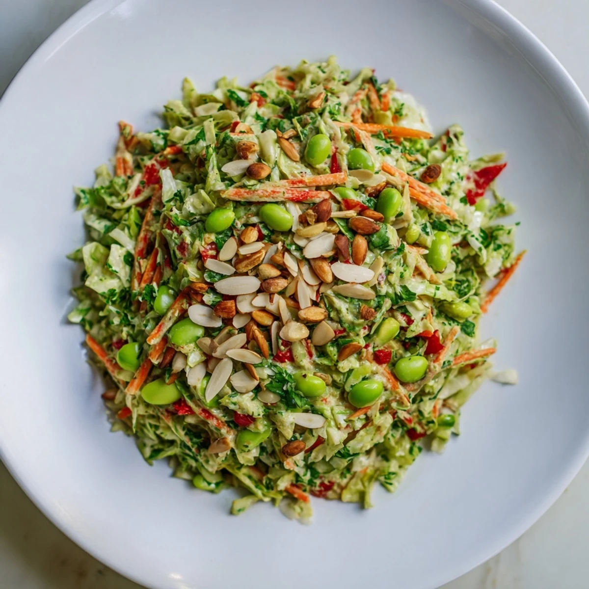 A vibrant bowl of fresh Crunchy Cabbage and Edamame Salad, ready to enjoy.